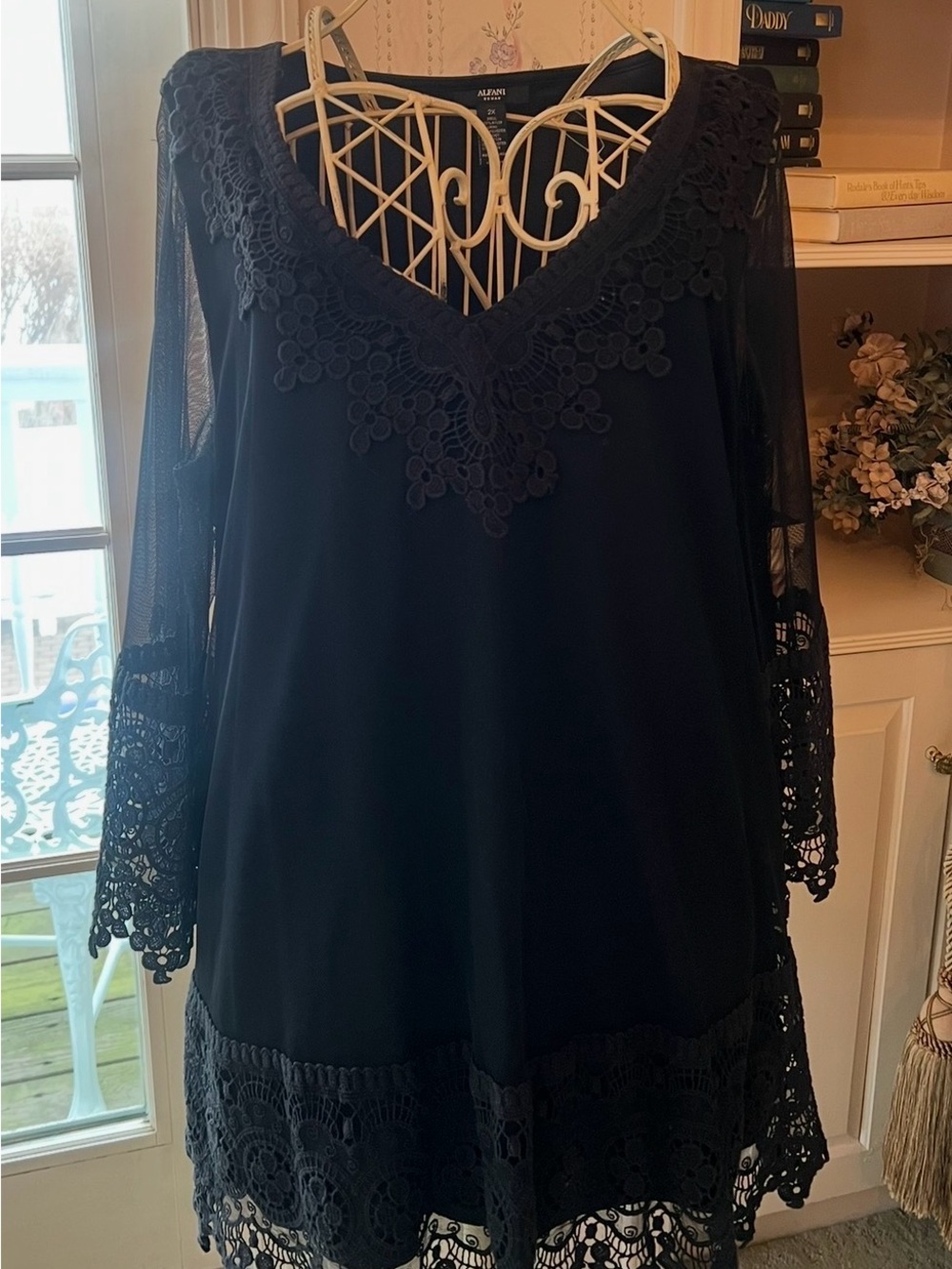 Alfani Black Long-Sleeve Lace-Trim V-Neck Dress